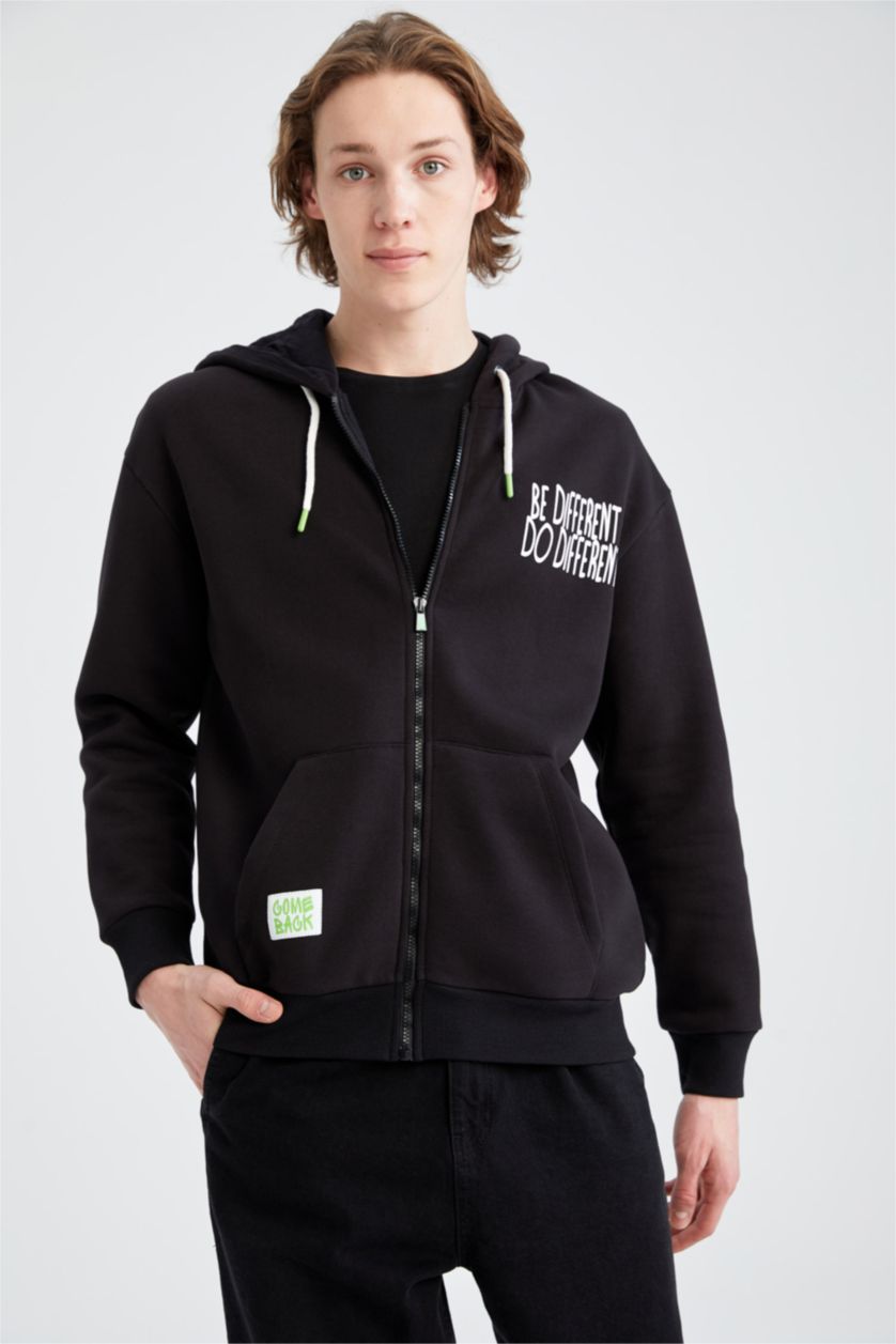 HOMME Noir Sweat À Capuche Large Avec Zip İmprimé Dans Le Dos