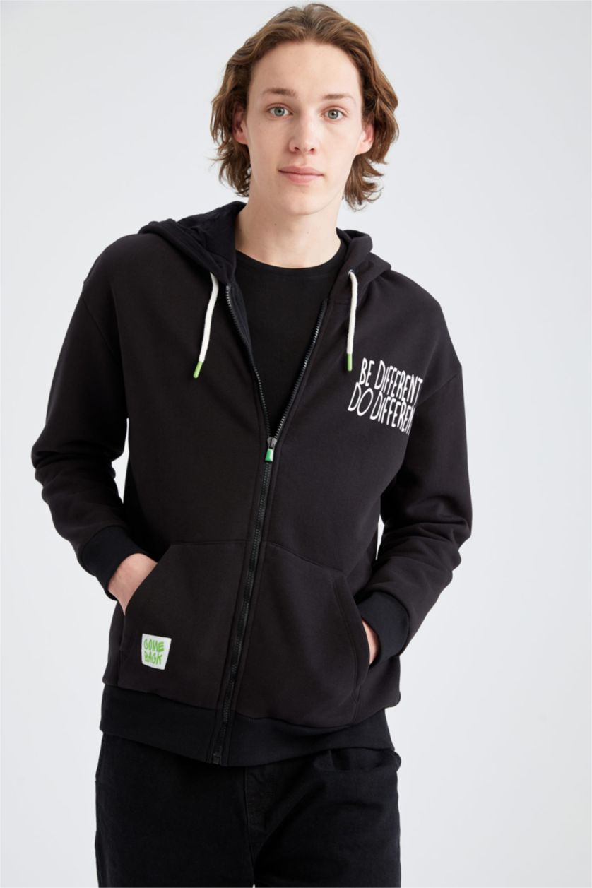 HOMME Noir Sweat À Capuche Large Avec Zip İmprimé Dans Le Dos