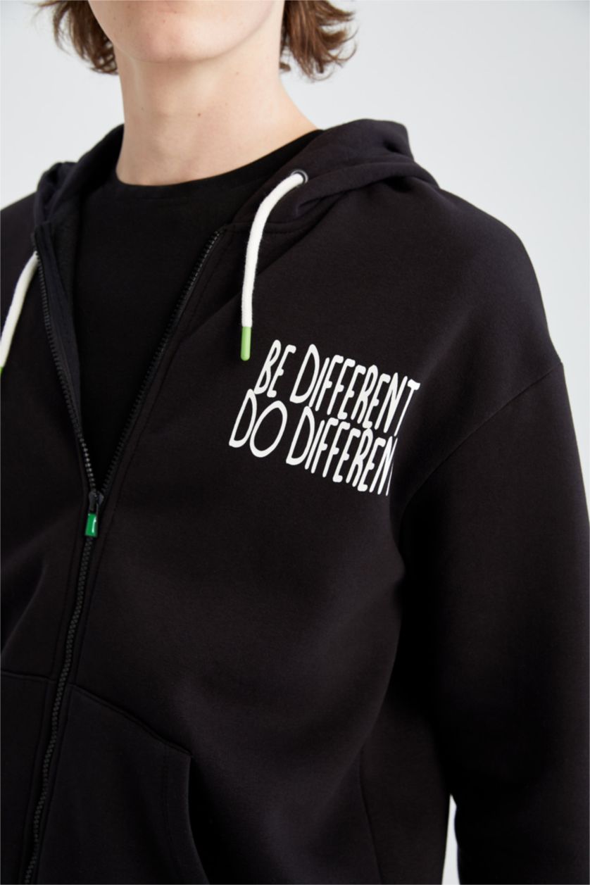 HOMME Noir Sweat À Capuche Large Avec Zip İmprimé Dans Le Dos