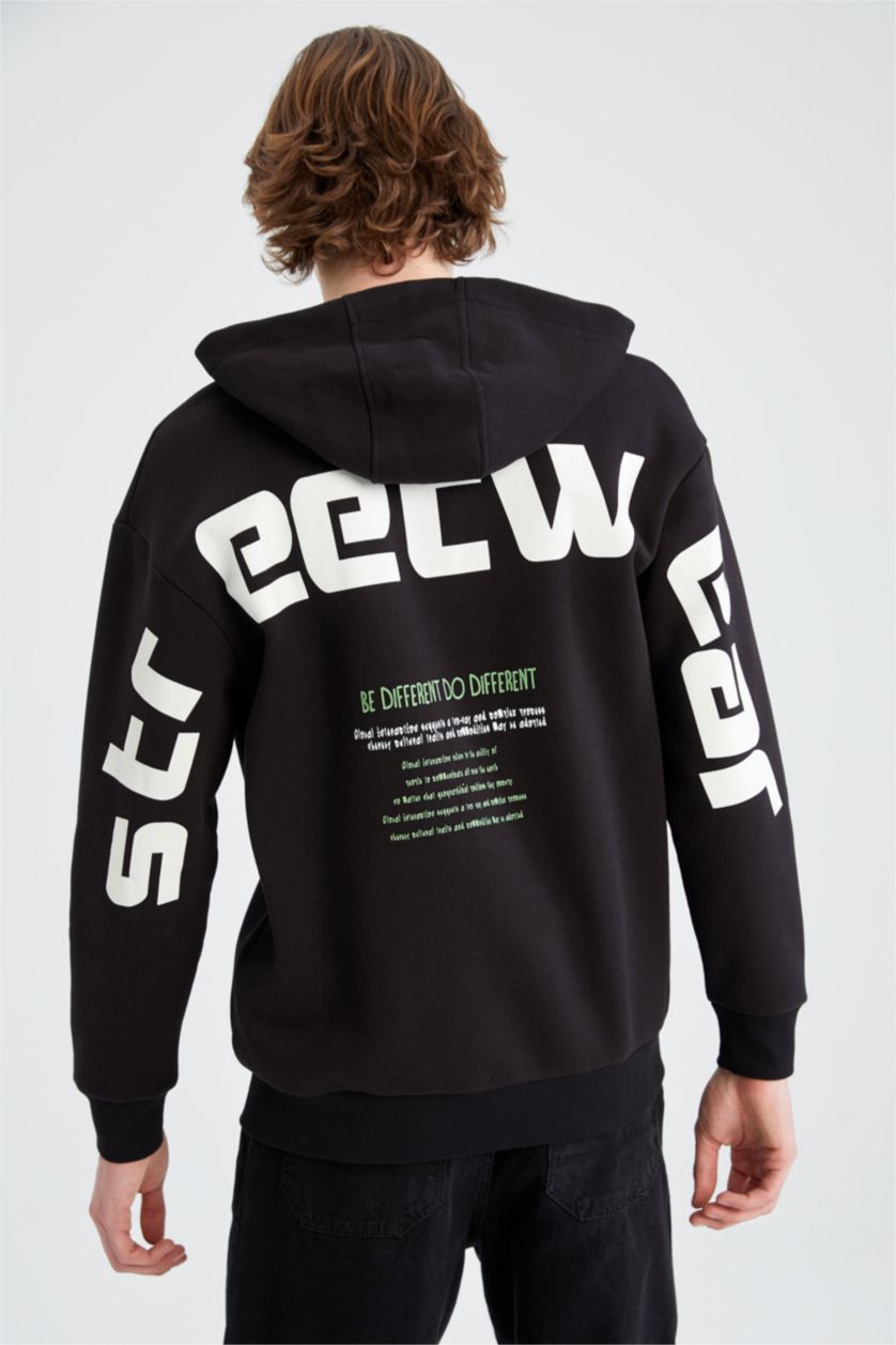 HOMME Noir Sweat À Capuche Large Avec Zip İmprimé Dans Le Dos