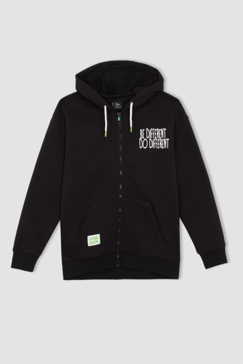 HOMME Noir Sweat À Capuche Large Avec Zip İmprimé Dans Le Dos