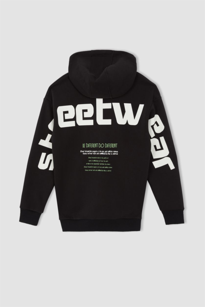 HOMME Noir Sweat À Capuche Large Avec Zip İmprimé Dans Le Dos