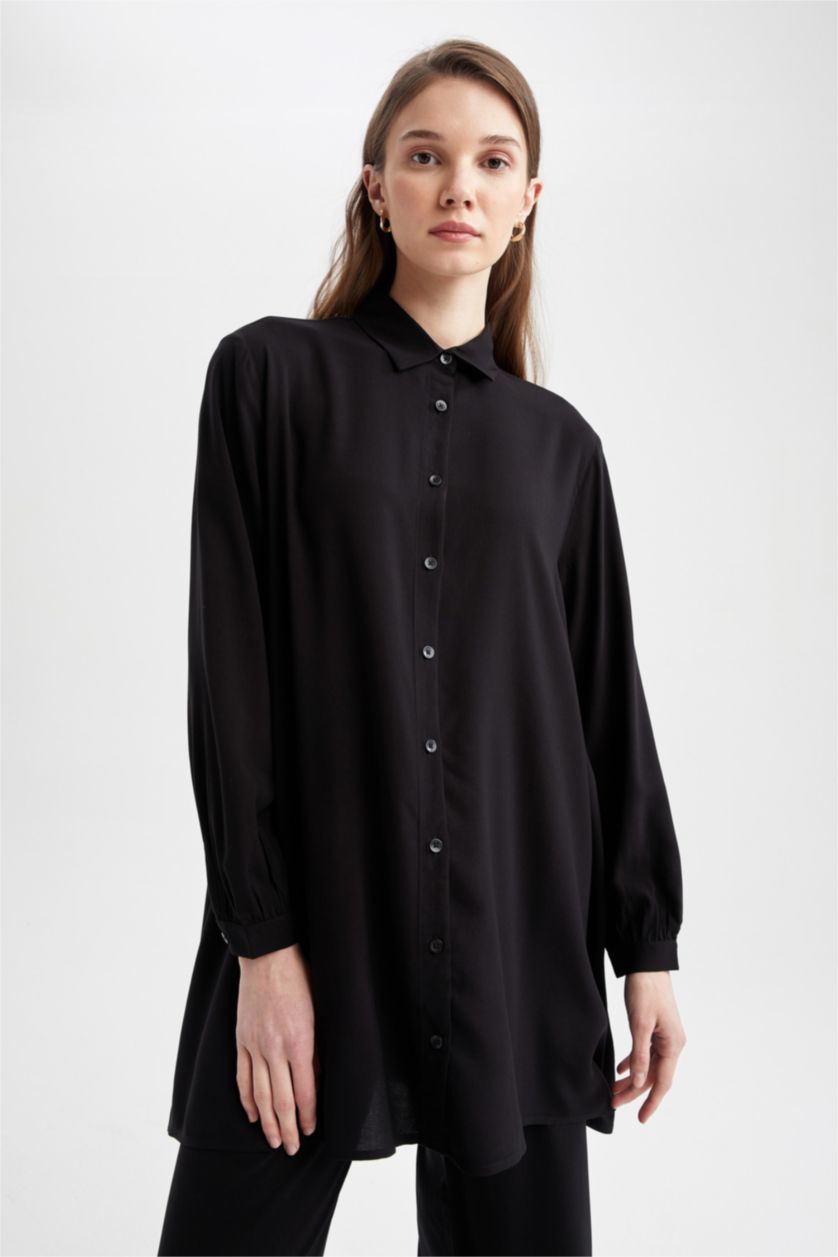FEMME Noir Tunique chemise basique à manches longues coupe décontractée