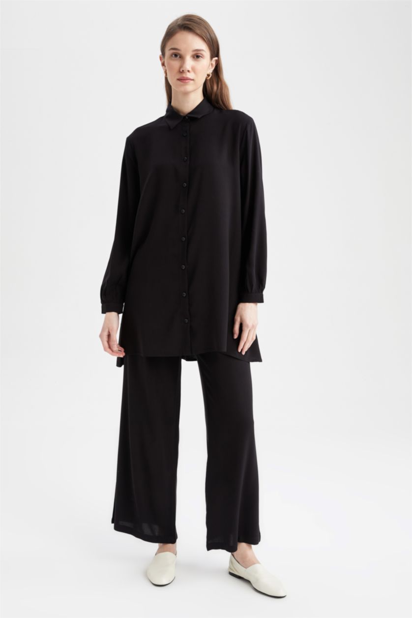 FEMME Noir Tunique chemise basique à manches longues coupe décontractée