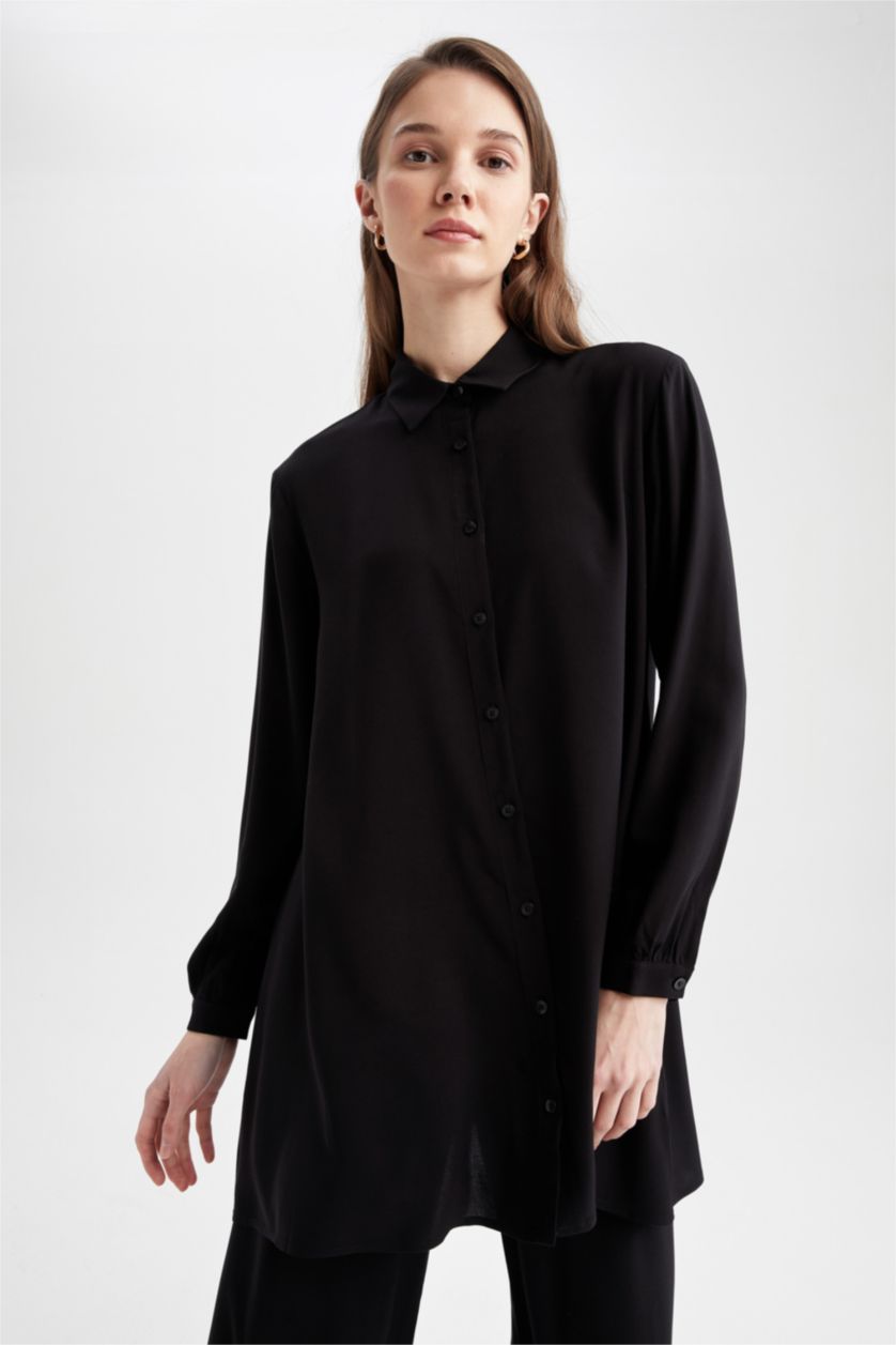 FEMME Noir Tunique chemise basique à manches longues coupe décontractée