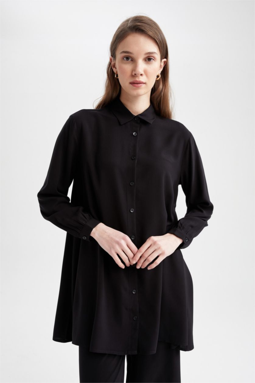 FEMME Noir Tunique chemise basique à manches longues coupe décontractée