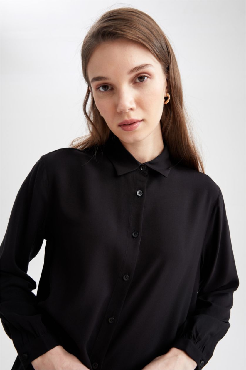 FEMME Noir Tunique chemise basique à manches longues coupe décontractée