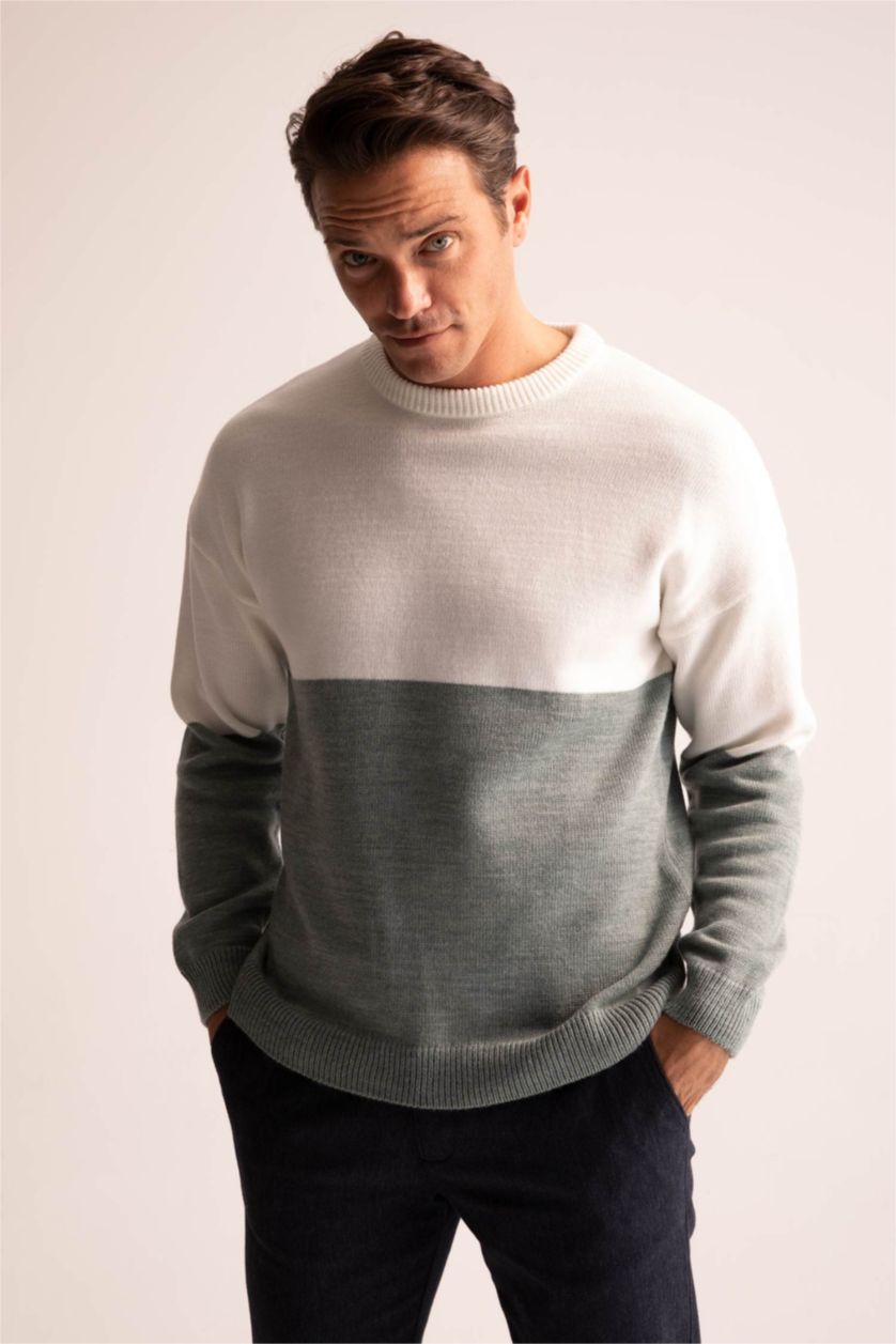 HOMME Bleu Pull Ample En Maille À Col Rond