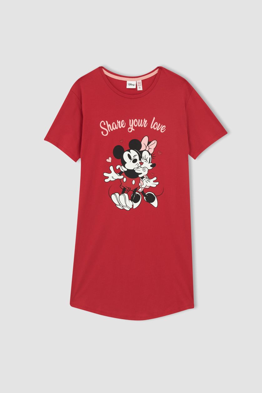 Kadın Kırmızı Fall in Love Regular Fit Sevgililer Günü Mickey Mouse Kısa Kollu %100 Pamuk Gecelik