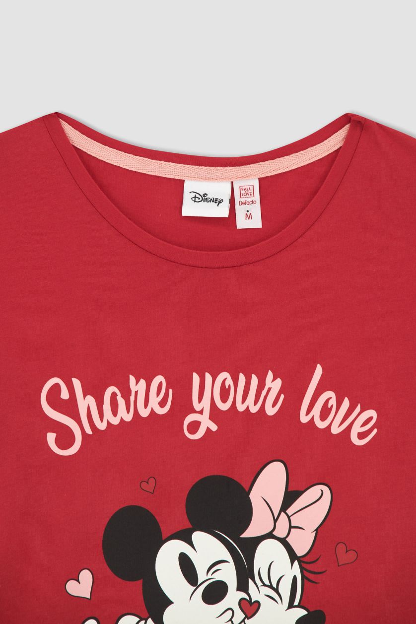 Kadın Kırmızı Fall in Love Regular Fit Sevgililer Günü Mickey Mouse Kısa Kollu %100 Pamuk Gecelik