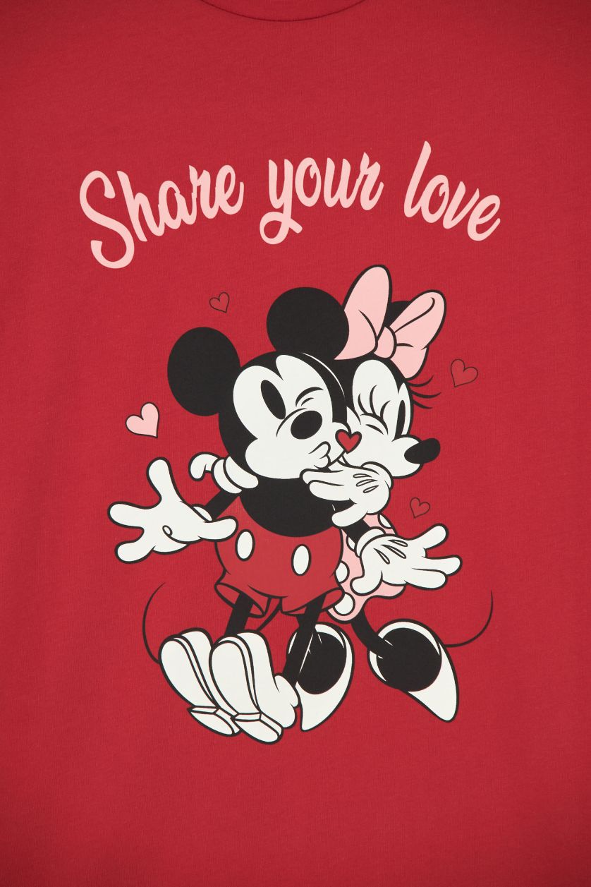 Kadın Kırmızı Fall in Love Regular Fit Sevgililer Günü Mickey Mouse Kısa Kollu %100 Pamuk Gecelik