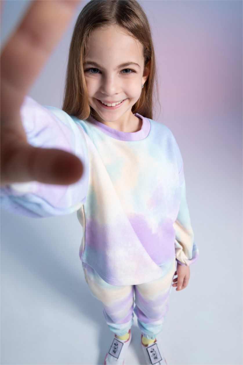 Kız Çocuk - Genç Kız Açık Mavi Kız Çocuk Batik Desenli Balon Kollu Crop Sweatshirt