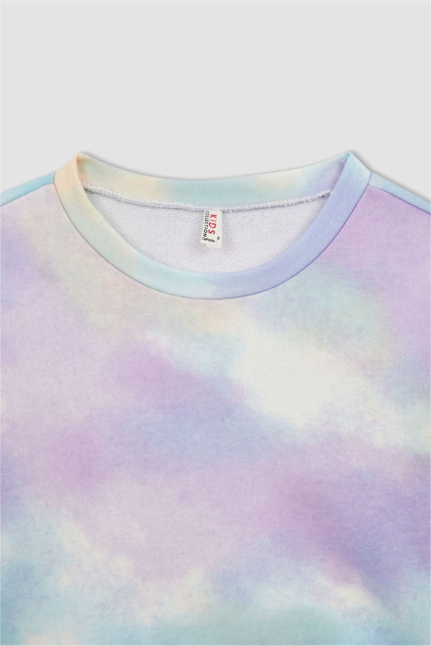 Kız Çocuk - Genç Kız Açık Mavi Kız Çocuk Batik Desenli Balon Kollu Crop Sweatshirt