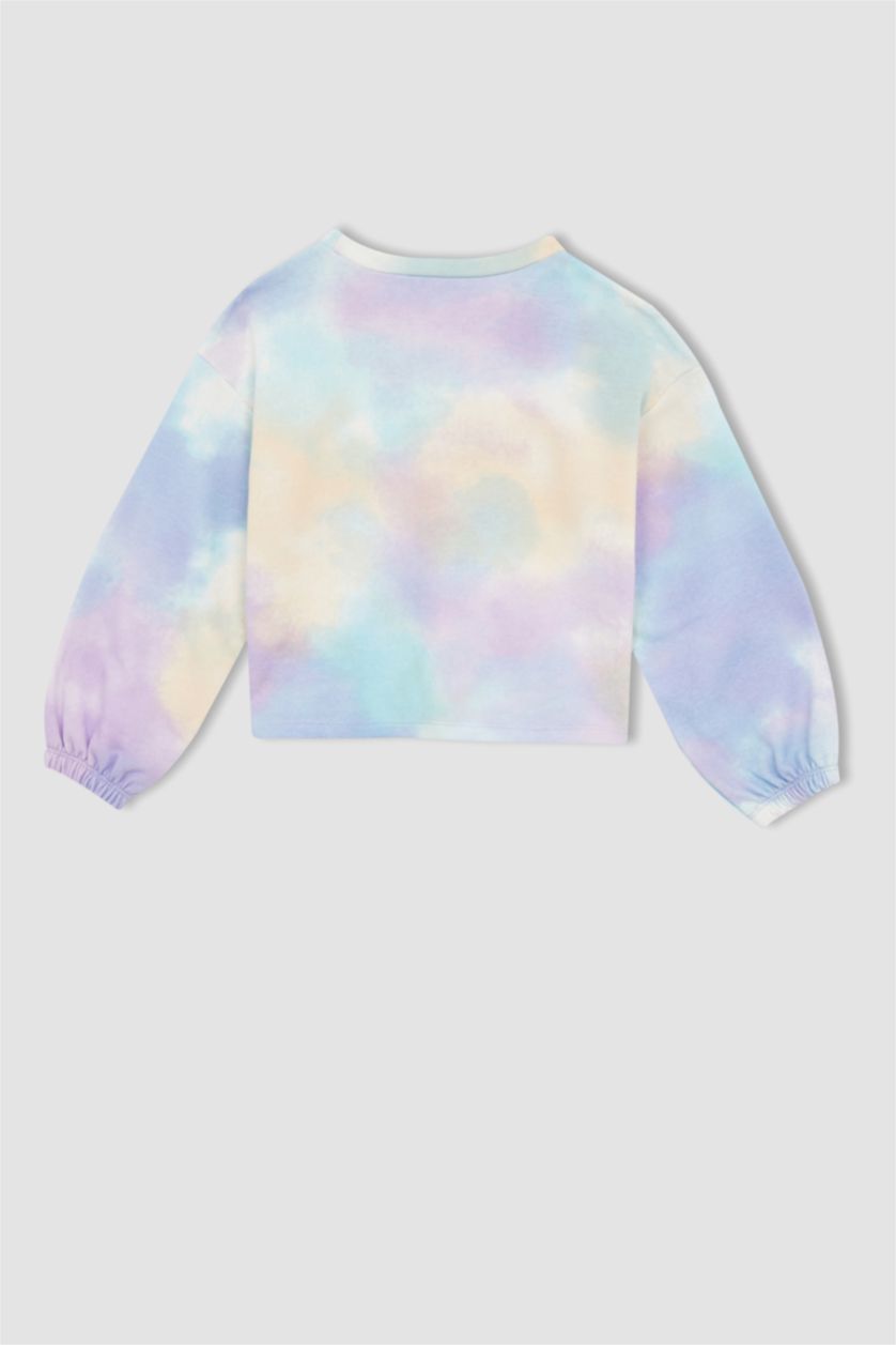 Kız Çocuk - Genç Kız Açık Mavi Kız Çocuk Batik Desenli Balon Kollu Crop Sweatshirt