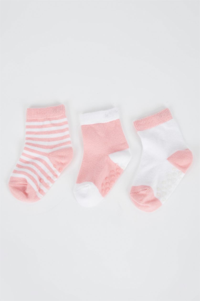 BÉBÉ FILLE Rose Lot de 3 paires de chaussettes longues en coton à semelle antidérapante pour bébé fille