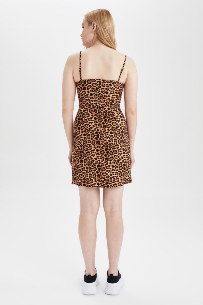 FEMME Beige Mini-robe moulante à manches courtes imprimée à col carré