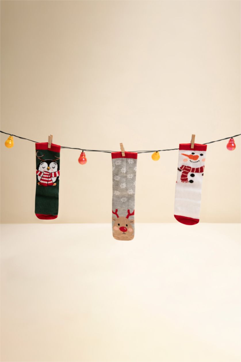 Kız Çocuk - Genç Kız Karma Kız Çocuk Yılbaşı Temalı Pamuklu 3'lü Uzun Çorap