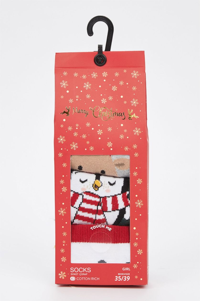 Kız Çocuk - Genç Kız Karma Kız Çocuk Yılbaşı Temalı Pamuklu 3'lü Uzun Çorap