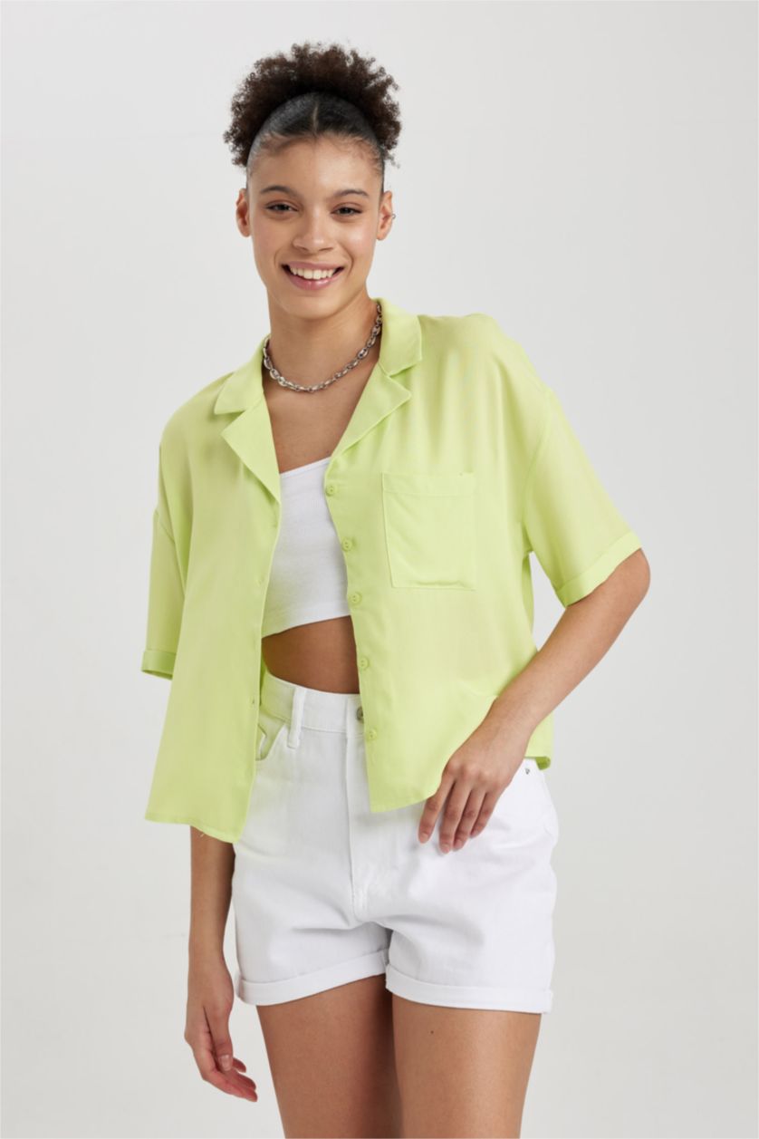 Kadın Açık Yeşil Oversıze Pijama Yaka Kısa Kollu Gömlek