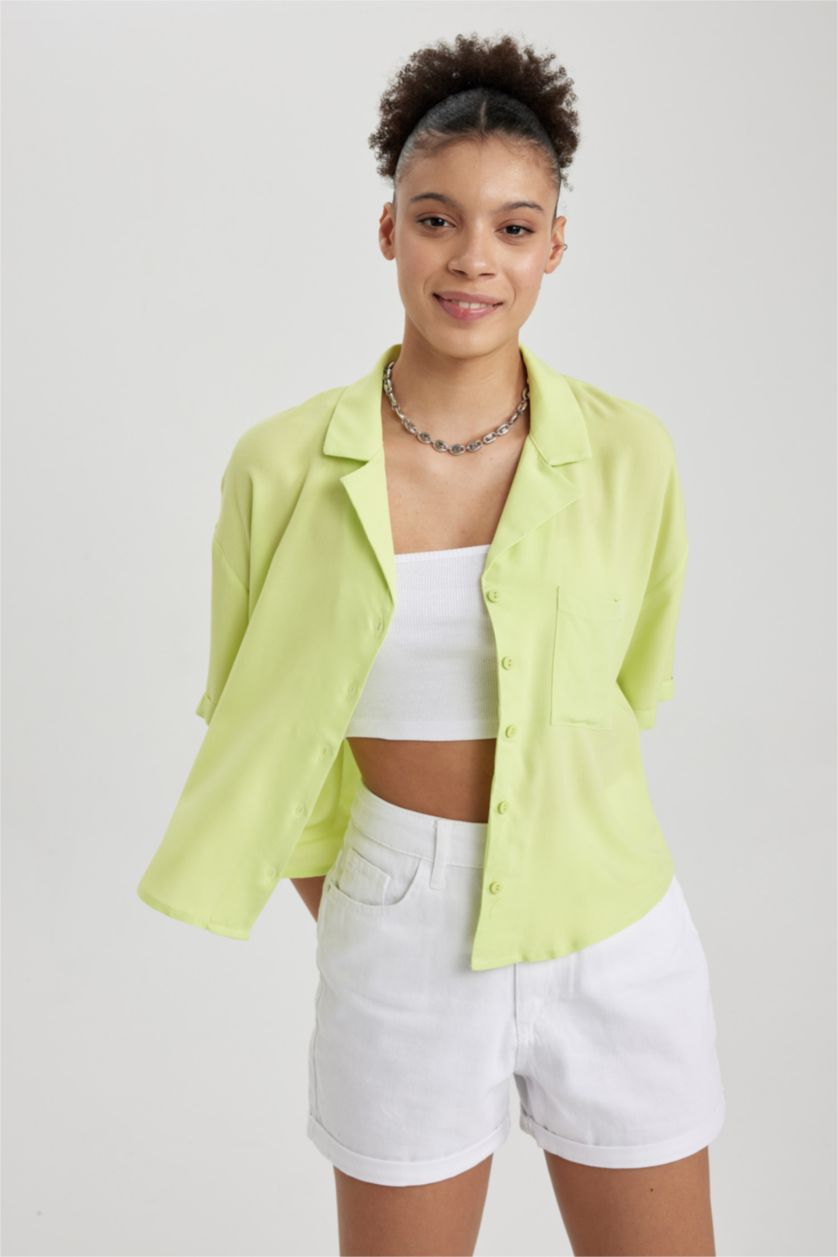 Kadın Açık Yeşil Oversıze Pijama Yaka Kısa Kollu Gömlek