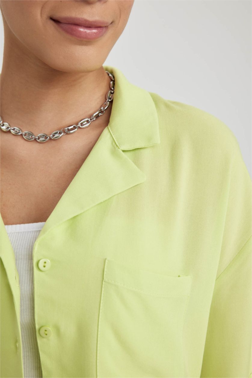 Kadın Açık Yeşil Oversıze Pijama Yaka Kısa Kollu Gömlek