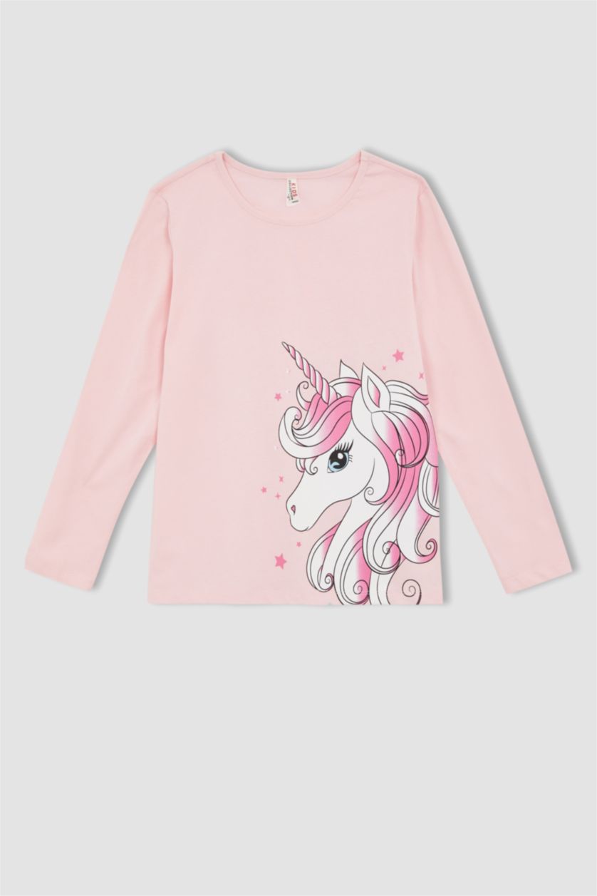 بنات زهري فاتح طقم بيجاما قطنية بأكمام طويلة وطبعة يونيكورن بناتي