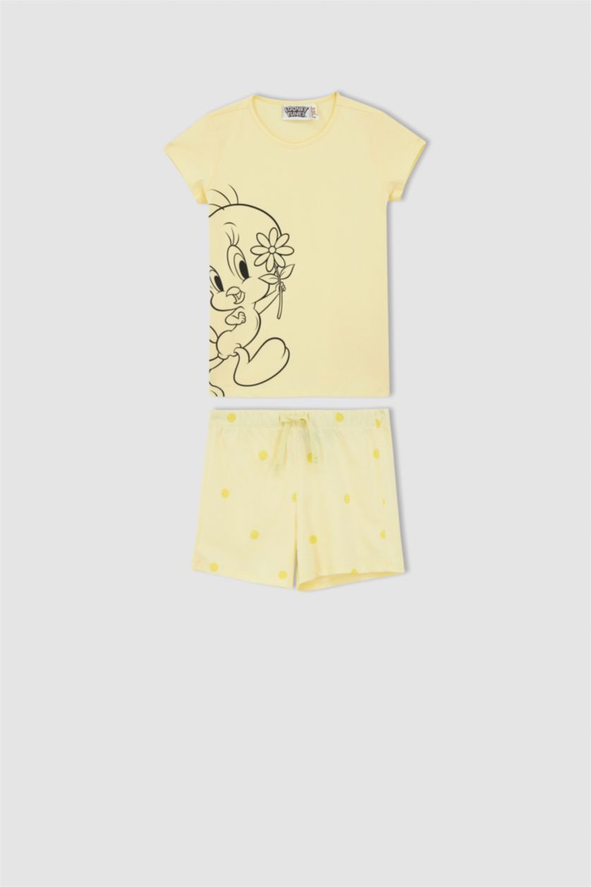 FILLES Jaune Clair Ensemble de pyjama en coton à manches courtes sous licence Tweety pour filles