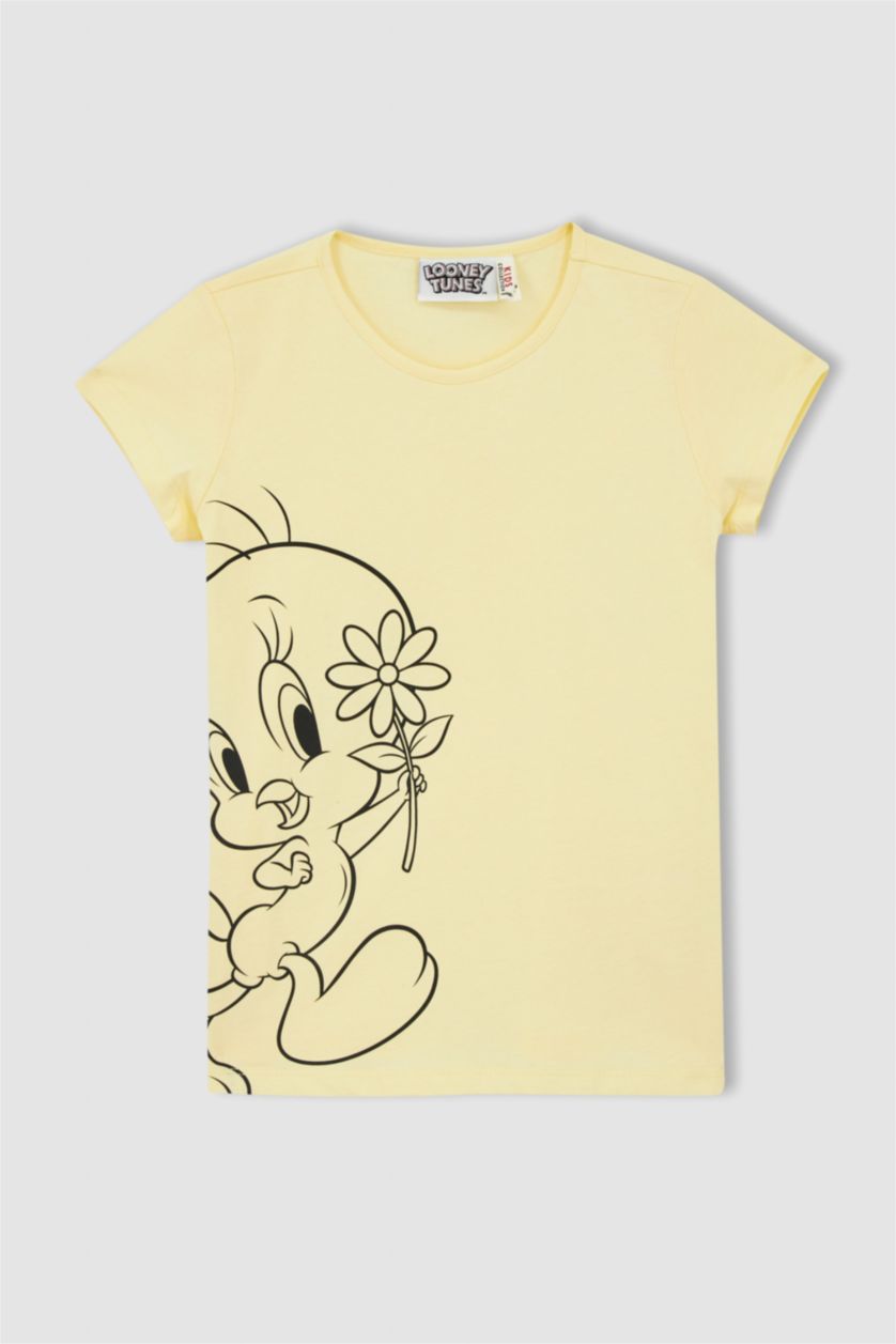 FILLES Jaune Clair Ensemble de pyjama en coton à manches courtes sous licence Tweety pour filles
