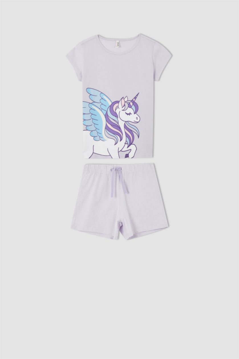 FILLES Violet Clair Ensemble de pyjama short à manches courtes en coton imprimé licorne pour filles