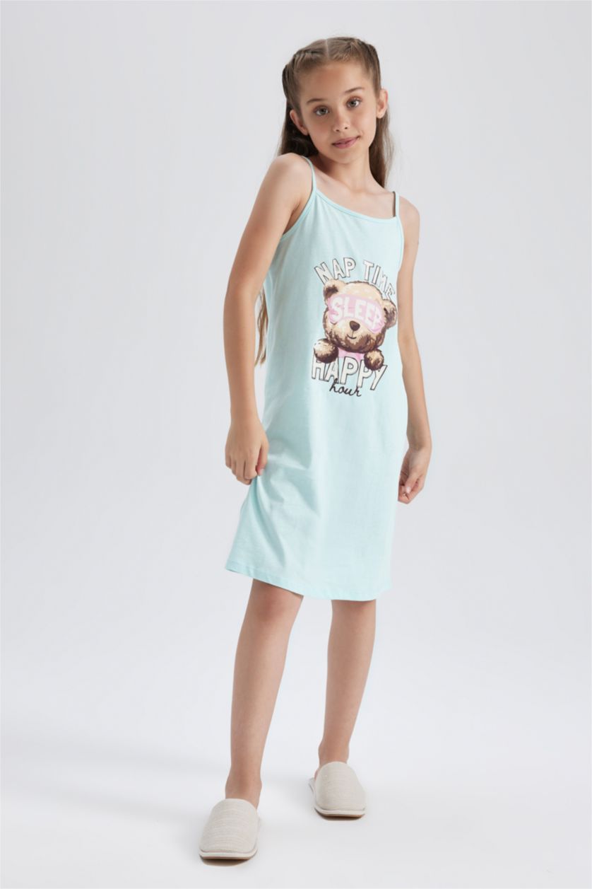 بناتي أكوا قميص نوم بناتي قطن بحمالات قصة عادية بصورة الدب