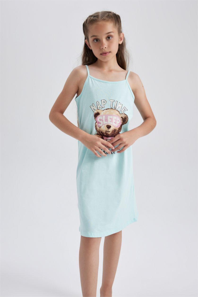 بناتي أكوا قميص نوم بناتي قطن بحمالات قصة عادية بصورة الدب