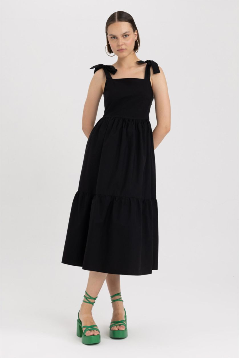 حريمي أسود فستان ميدي قطن بوبلين بياقة مربعة