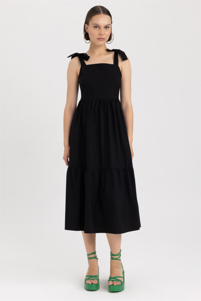 حريمي أسود فستان ميدي قطن بوبلين بياقة مربعة