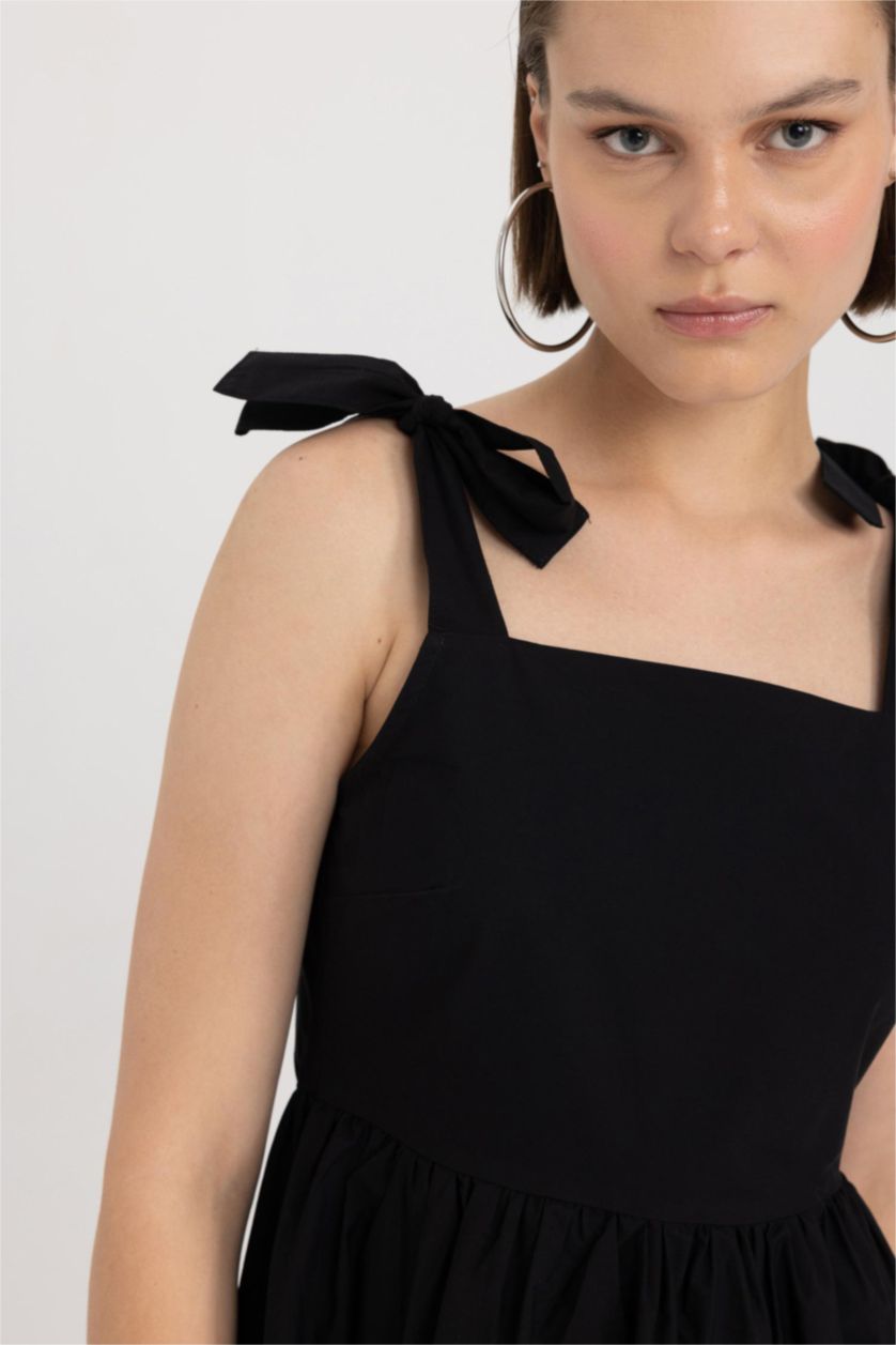 حريمي أسود فستان ميدي قطن بوبلين بياقة مربعة