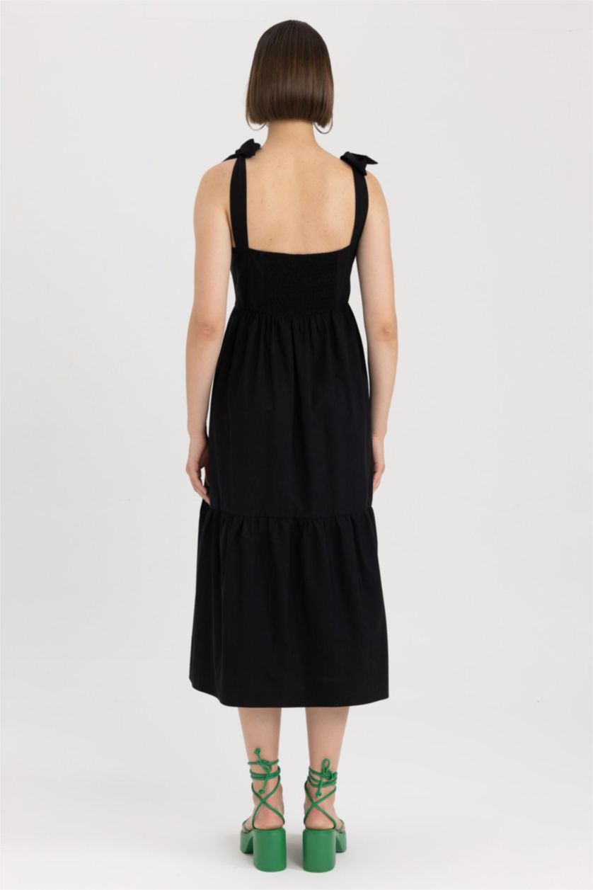 حريمي أسود فستان ميدي قطن بوبلين بياقة مربعة