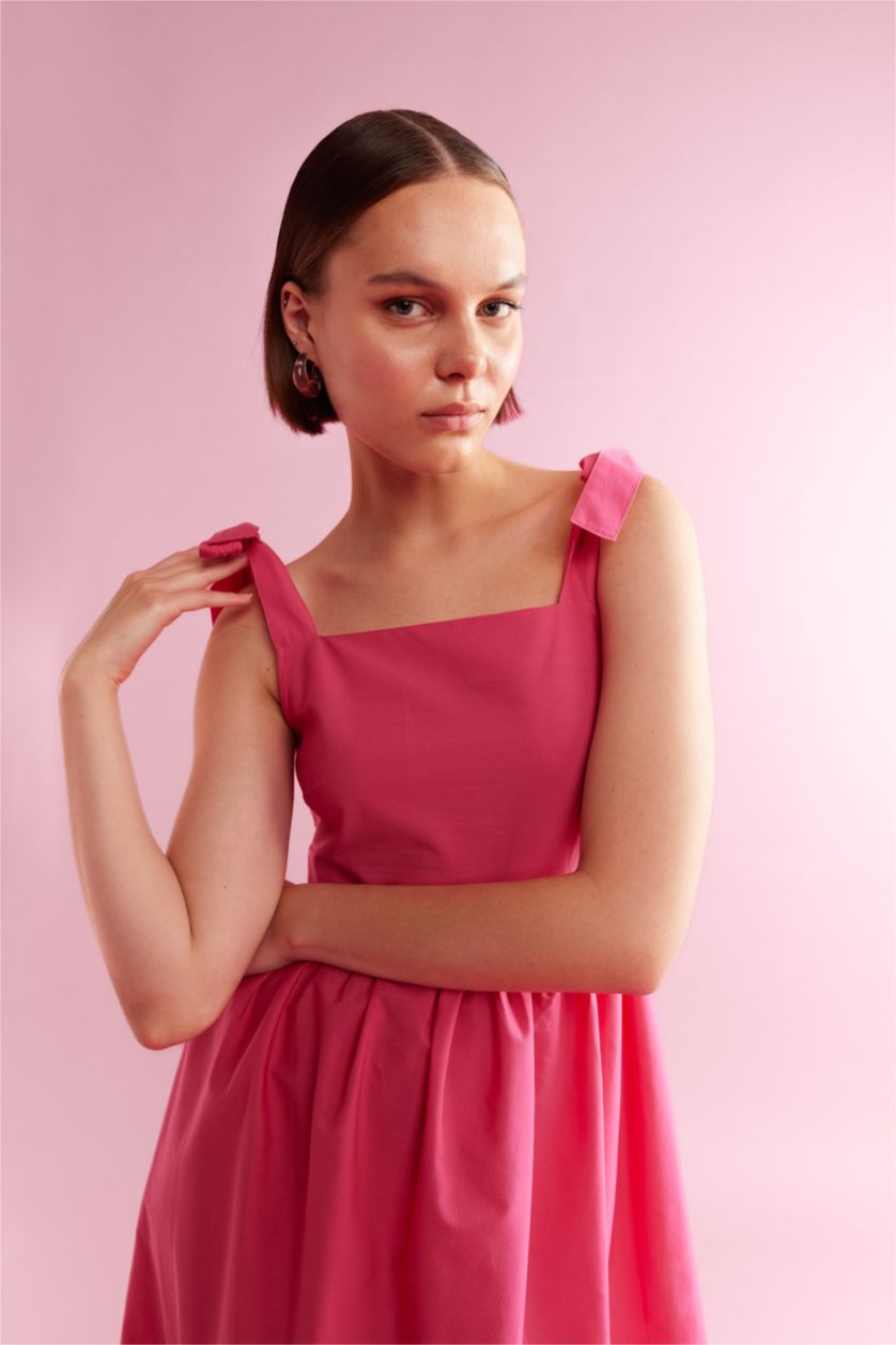 نساء زهري فستان ميدي قطن بوبلين بياقة مربعة