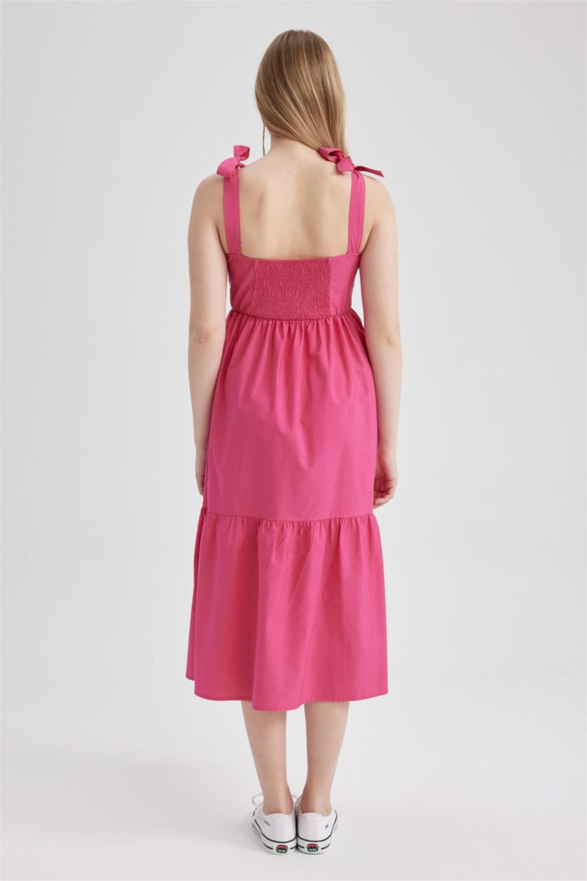 نساء زهري فستان ميدي قطن بوبلين بياقة مربعة