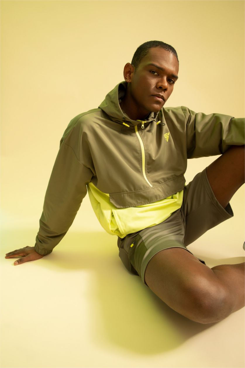 HOMME Kaki Clair Defacto Fit Oversize Fit Hooded Color Block Seasonal Coat