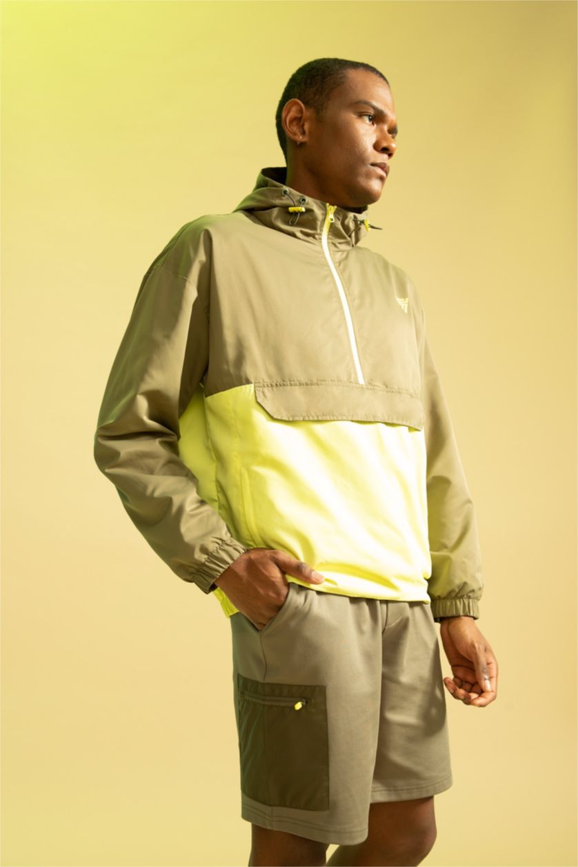 HOMME Kaki Clair Defacto Fit Oversize Fit Hooded Color Block Seasonal Coat