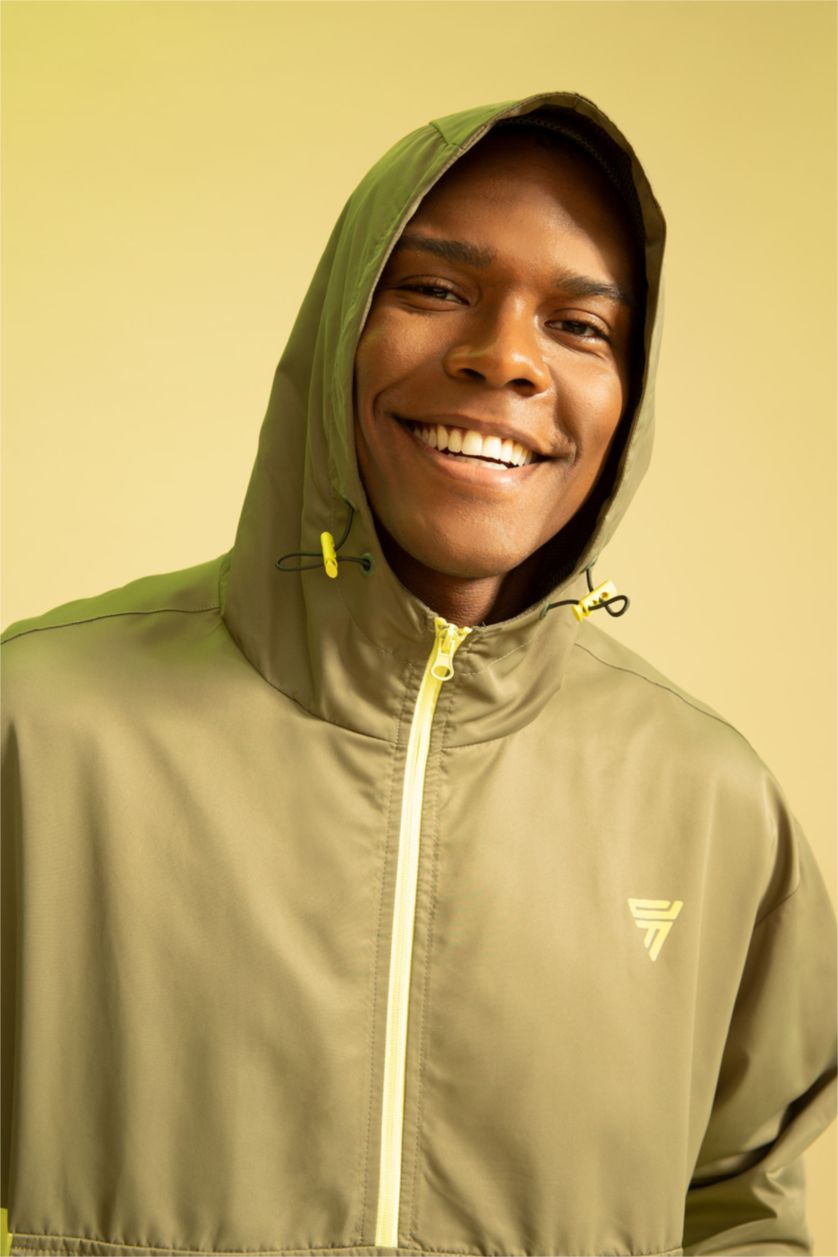 HOMME Kaki Clair Defacto Fit Oversize Fit Hooded Color Block Seasonal Coat