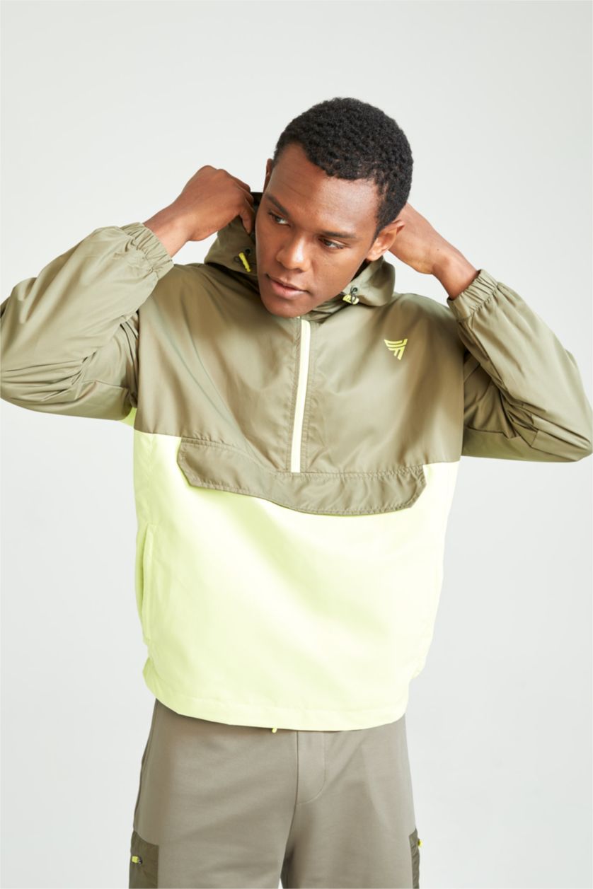 HOMME Kaki Clair Defacto Fit Oversize Fit Hooded Color Block Seasonal Coat