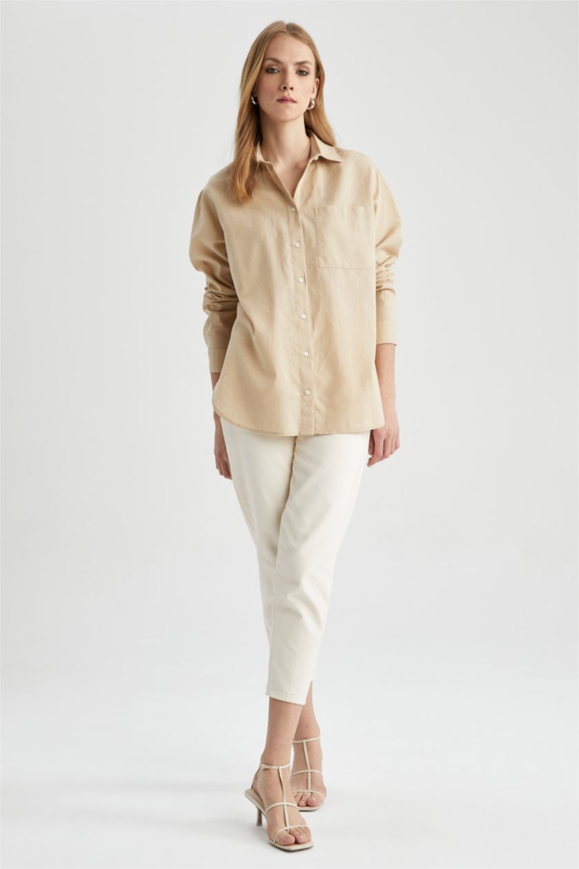 Woman Light Beige Oversize Fit Shirt Collar Linen Long Sleeve Tunic