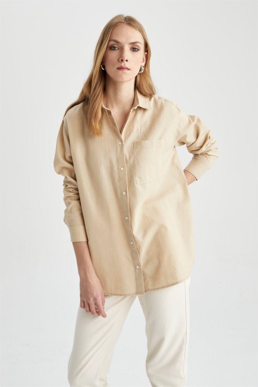 Woman Light Beige Oversize Fit Shirt Collar Linen Long Sleeve Tunic