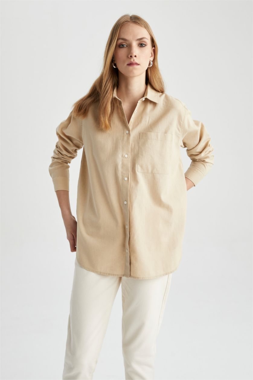 Woman Light Beige Oversize Fit Shirt Collar Linen Long Sleeve Tunic