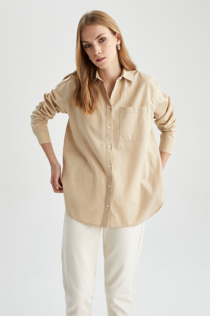 Woman Light Beige Oversize Fit Shirt Collar Linen Long Sleeve Tunic