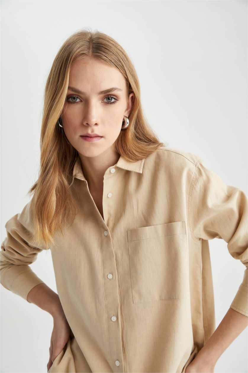 Woman Light Beige Oversize Fit Shirt Collar Linen Long Sleeve Tunic