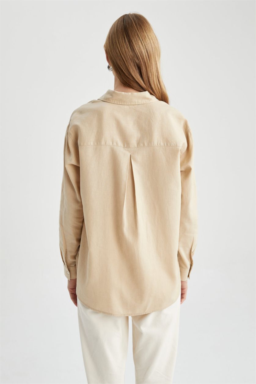 Woman Light Beige Oversize Fit Shirt Collar Linen Long Sleeve Tunic