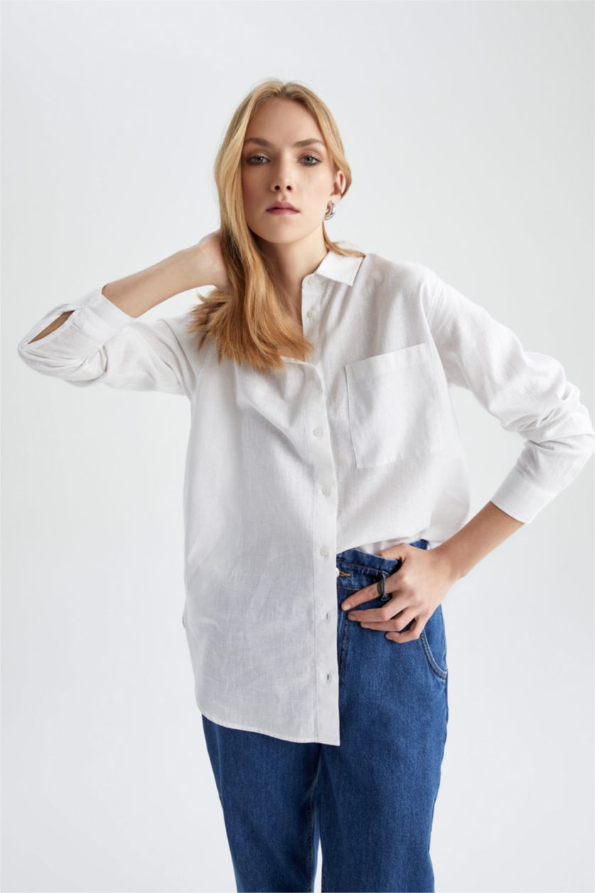 Women White Oversize Fit linen Long Sleeve Shirt