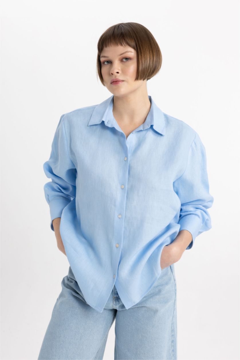 حريمي أزرق Oversize Fit linen Long Sleeve Shirt