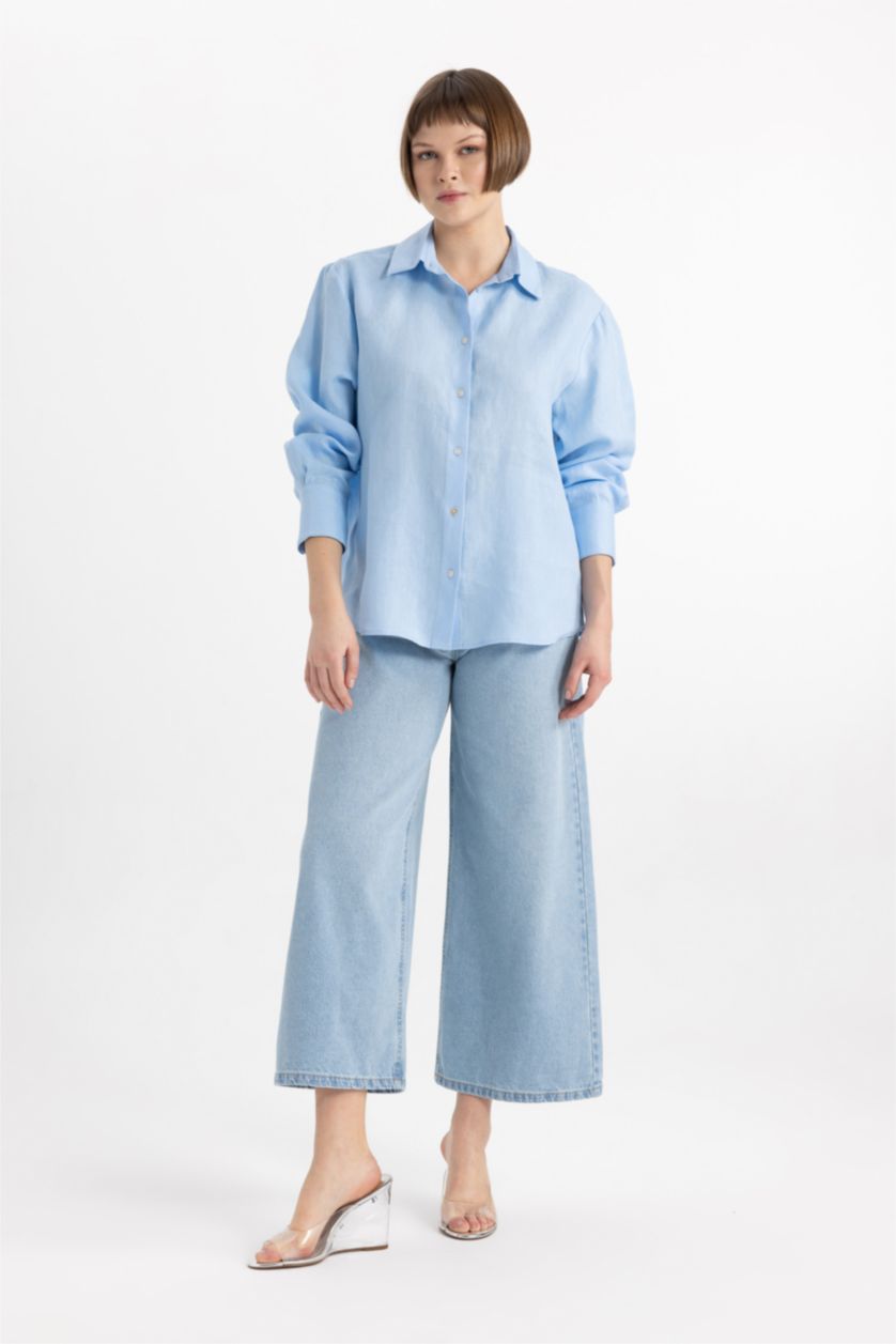 حريمي أزرق Oversize Fit linen Long Sleeve Shirt